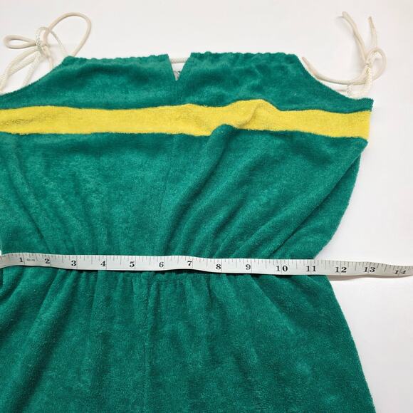 VTG Terry Cloth Romper Shorts 70s Women Medium Green Stripe Distress READ - Picture 13 of 14
